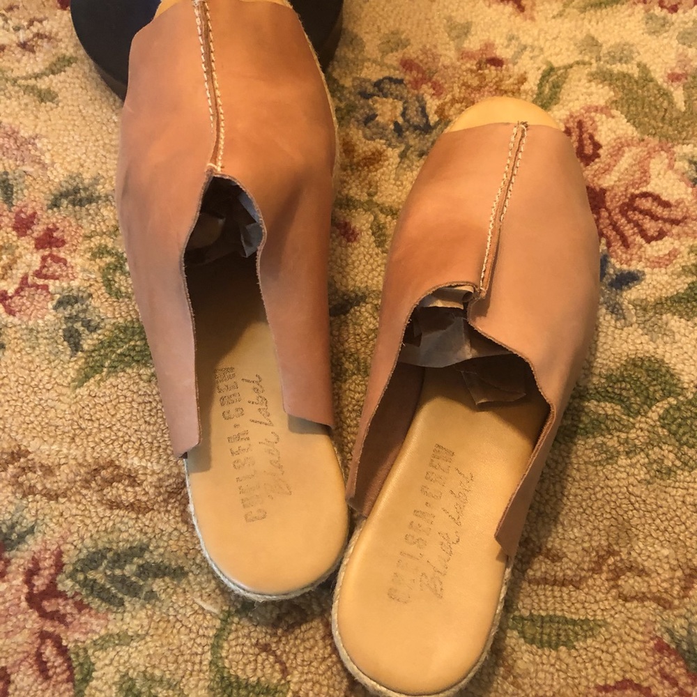 Anthropologie, Chelsea Crew Mel Mule Tan Leather Slides Hand Braided Jute Detail
